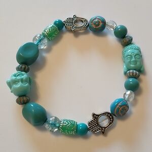 Buddha Blue Silver Tone Charm Stretch Beaded Bracelet